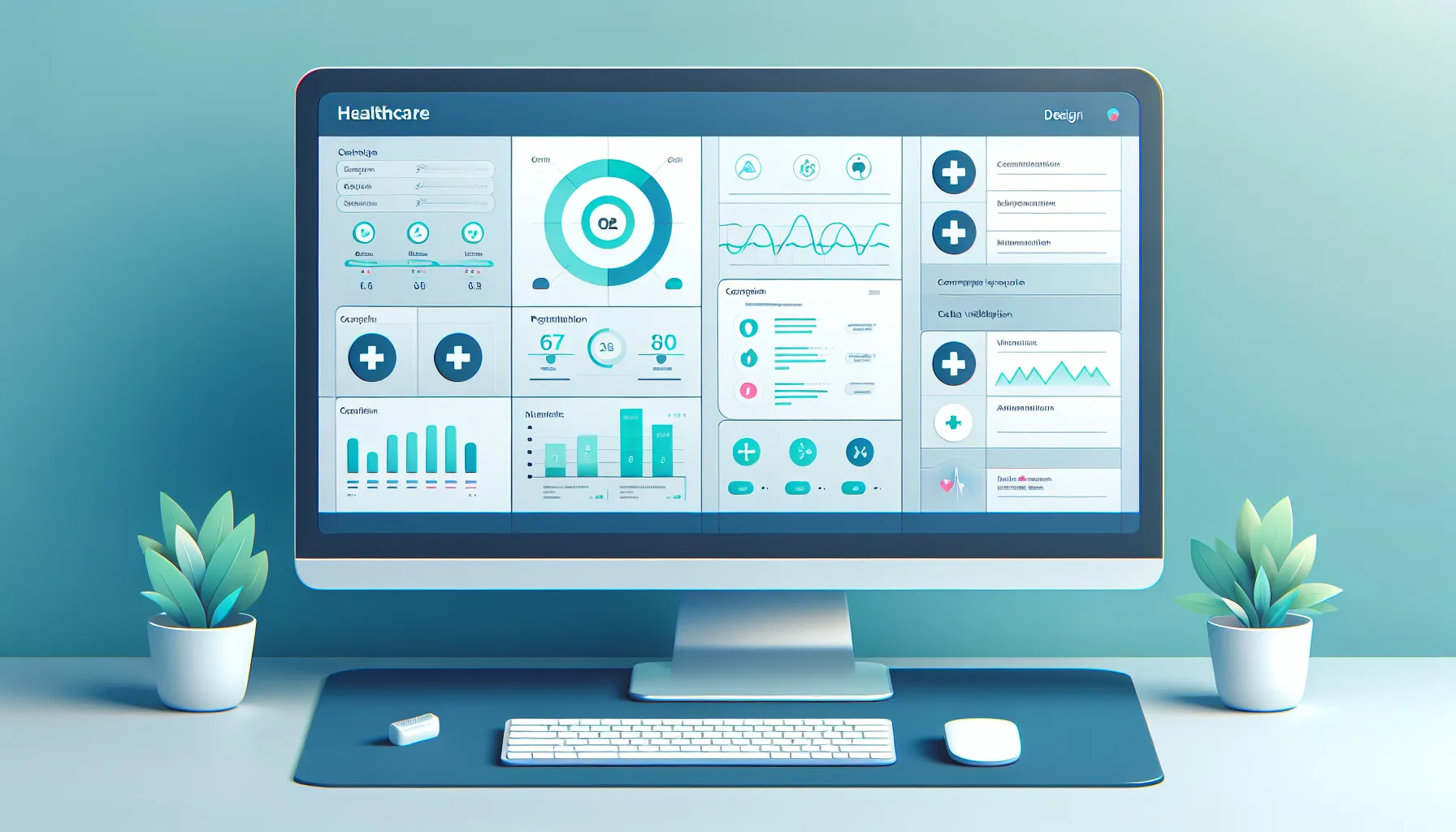 Healthcare platform dashboard design on desktop monitor, clean medical interface with charts and patient data visualization, calming blue and green color scheme, professional healthcare UX design
